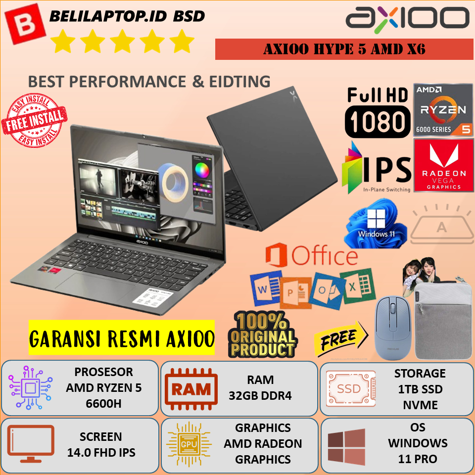 Laptop Gaming Murah AXIOO MYBOOK HYPE 5 X6 AMD RYZEN 5 6600H RAM 32GB DDR5 1TB SSD 14.0" FHD IPS Windows 11 Original