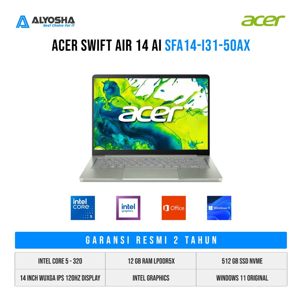 ACER SWIFT AIR 14 AI SFA14 I31 50AX CORE 5 320 12GB 512GB SSD 14" WUXGA IPS 120Hz 100% sRGB W11H OH24
