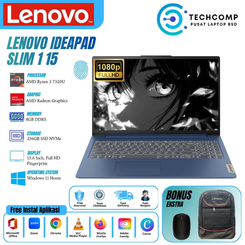 LENOVO IDEAPAD SLIM 1 15 AMD RYZEN 3 7320 RAM 8GB SSD 512GB W11 15.6 FHD W11 BLUE