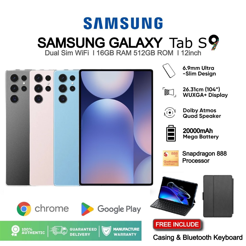 (Hadiah Keyboard bluetooth / Casing ) Samsung Galaxy Tab S9 Tablet 12inch |16GB RAM +512GB ROM | Smart Tablet Android12 Wi-Fi + SIM