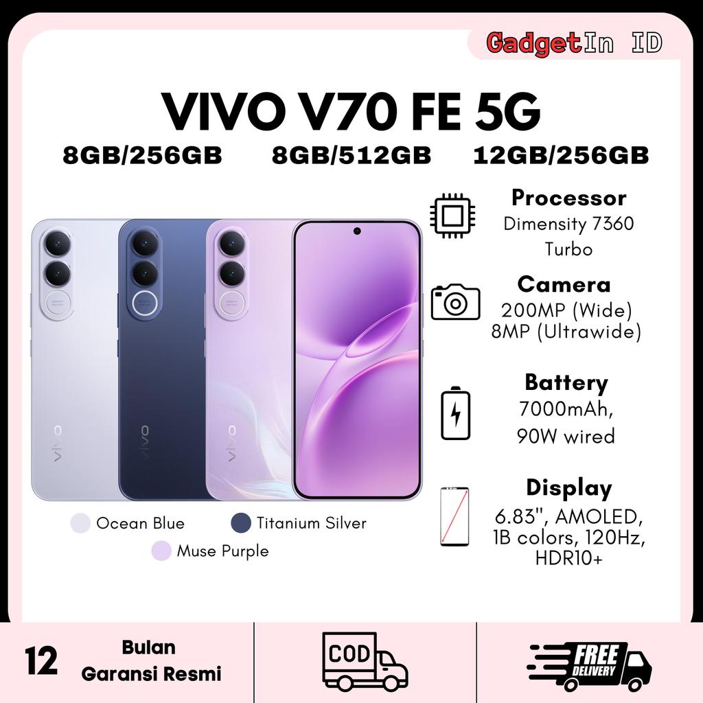 Jual VIVO V70 FE 5G 8GB/256GB 8GB/512GB 12GB/256GB - Baterry 7000mAh 90W - Garansi Resmi Nasional | Shopee Indonesia