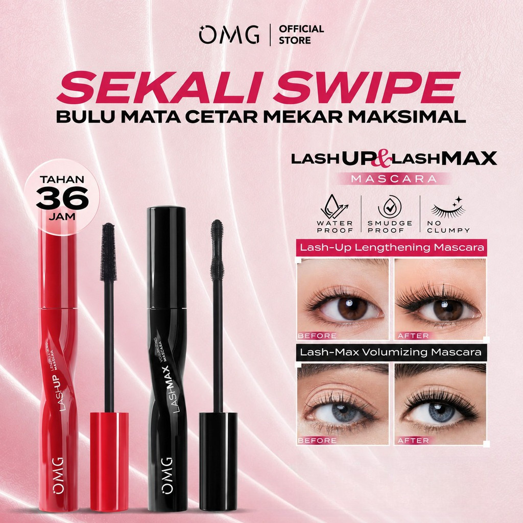 QEILA - OMG Oh My Glam Volumizing & Lengthening Mascara | Lash Max Volumizing | Lash Up Lengthening | Melentikan | Tahan Lama | Waterproof | No Clumpy