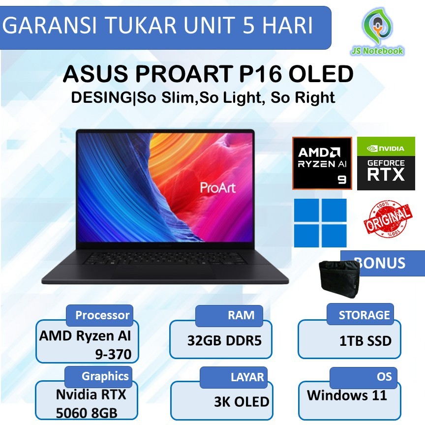 ASUS PROART P16 OLED TOUCH H7606WM RYZEN AI 9 370 RTX5060 8GB/ 32GB 1TB W11+OHS+M365B 16.0 3K BLACK -OLEDS9311TM