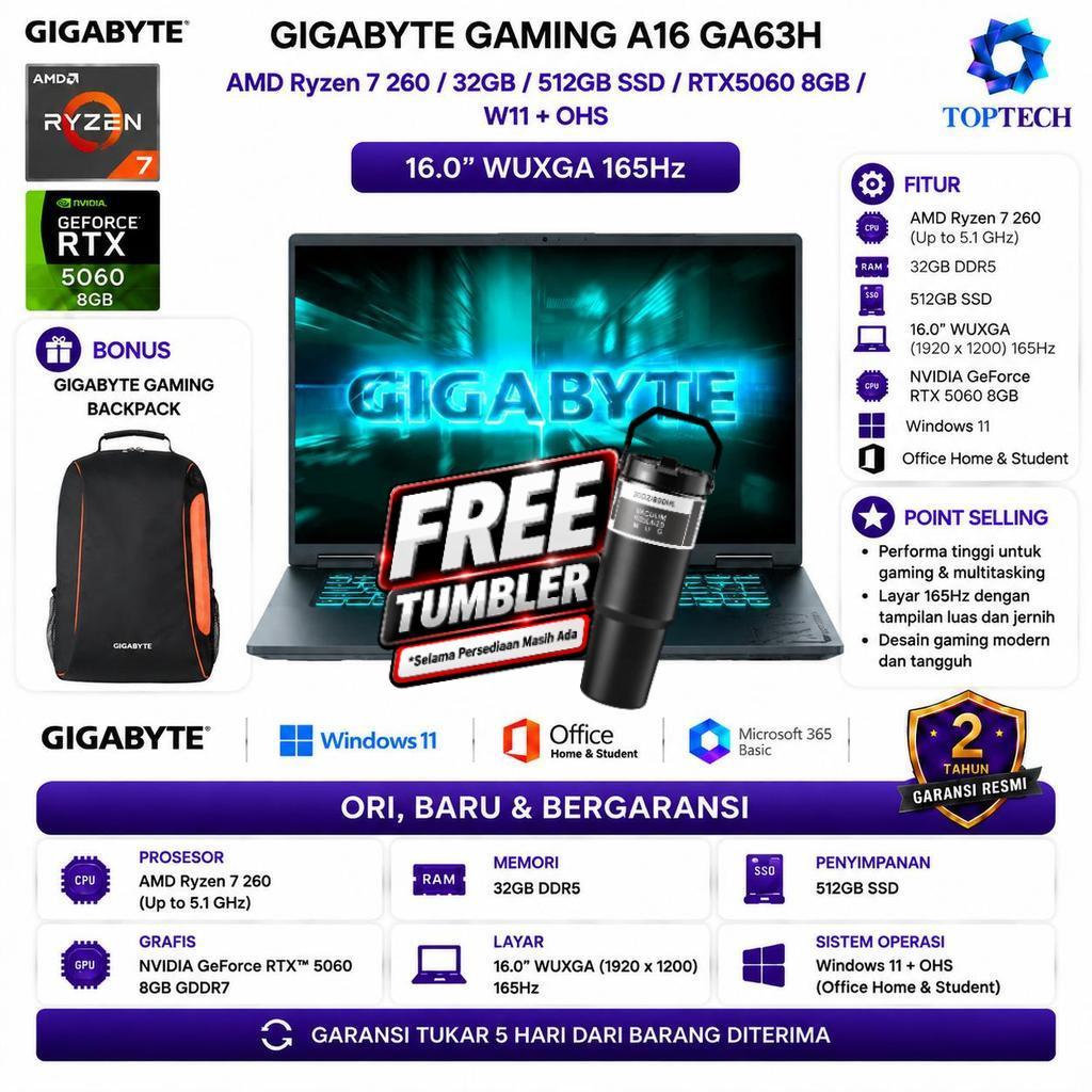Gigabyte Laptop Gaming A16 GA63H RTX5060 8GB AMD Ryzen 7 260 32GB 512GB ssd 16.0 WUXGA 165Hz W11 OHS