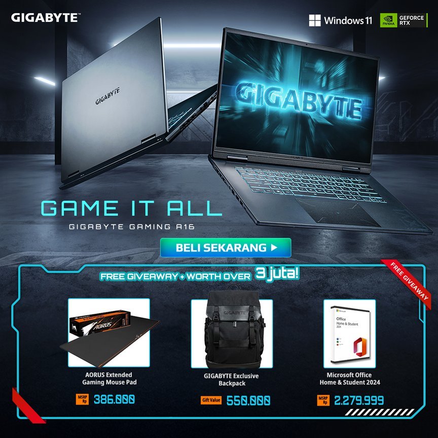 Jual LAPTOP GIGABYTE GAMING A16 3TH - AMD RYZEN 7 260 GeForce RTX™ 5050 8GB - RAM 16GB 512SSD 16"WUXGA 165Hz | Shopee Indonesia