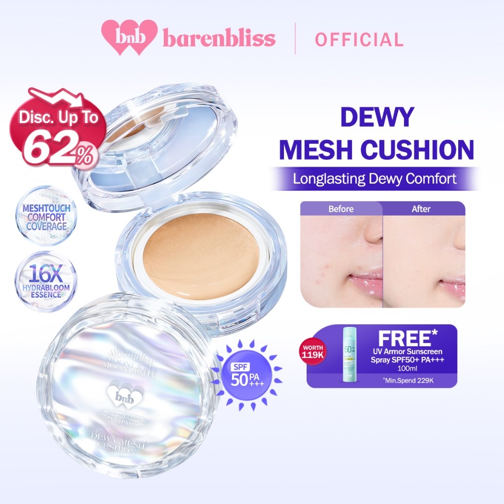 [BEST SELLING] BNB barenbliss Bloomdew Moonlight Dewy Mesh Cushion 15g Cushion Dewy SPF 50+ PA+++ Niacinamide Ringan Tahan hingga 24 jam Non Comedogenic Dermatology Tested Cream Glow Foundation Skin Tint Concealer