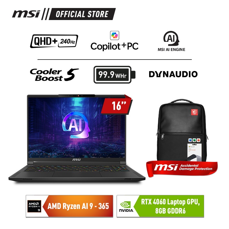 Jual MSI STEALTH A16 AI+ RYZEN AI 9-365 RTX4060 - 32GB 1TB W11+OHS 16.0WQXGA 240HZ 100DCIP3 PKRGB 2YR | Shopee Indonesia