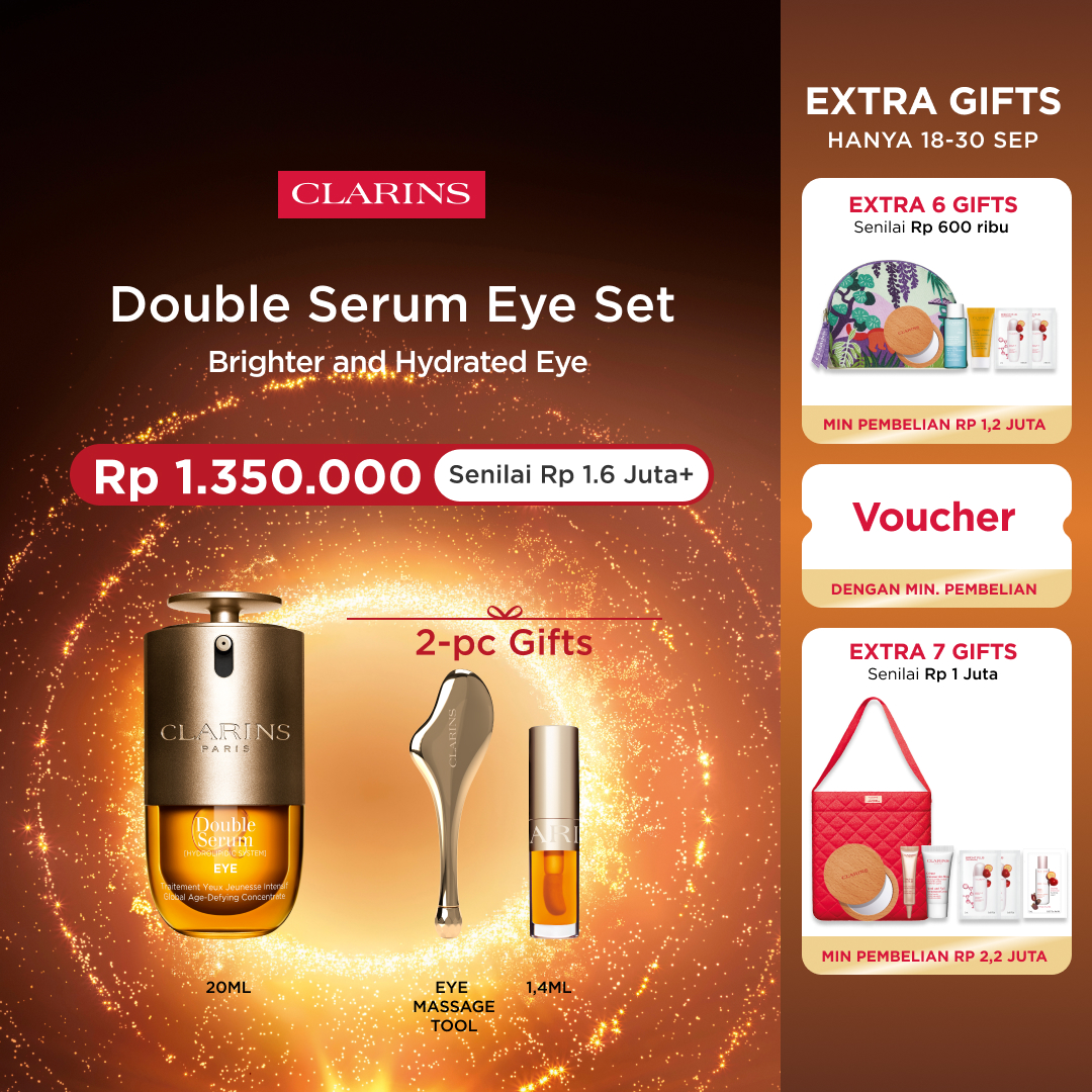 [Clarins Set] New Double Serum Eye 20ml Gratis 2 Hadiah - anti aging eye serum / serum mata anti penuaan / mata panda / lingkar hitam / kerutan