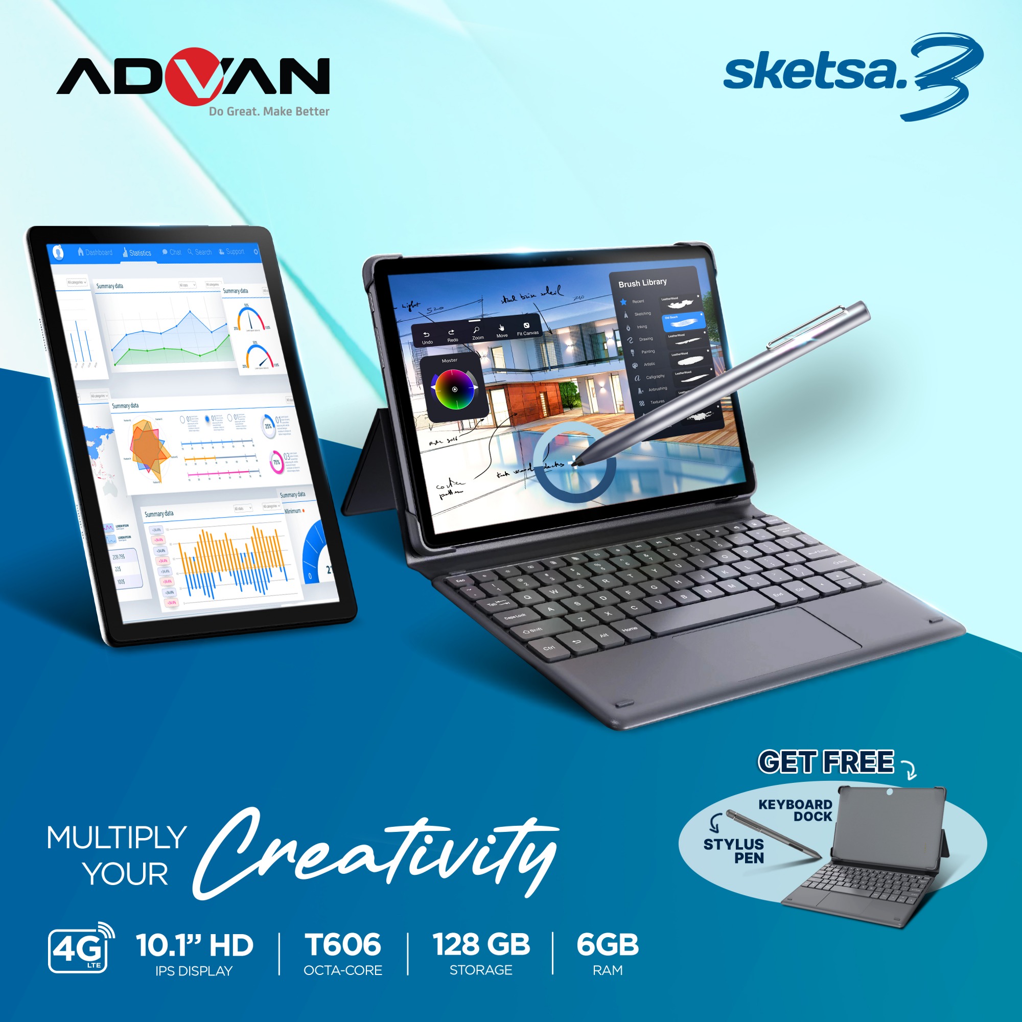 Advan Tab Sketsa 3 10.1” IPS HD 6GB/8GB 128GB Dual Sim Card dengan Keyboard Dock & Stylus Pen