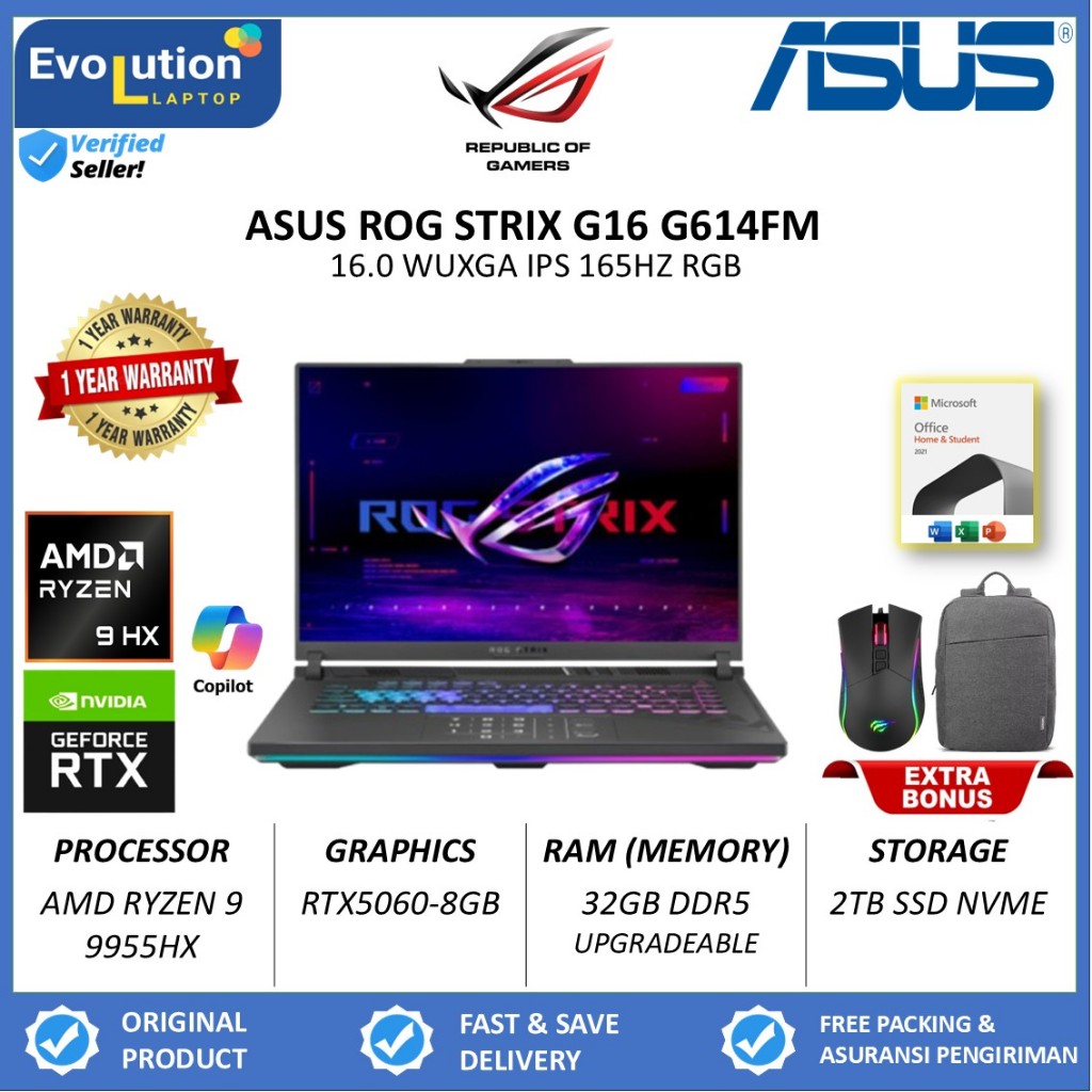 Laptop Asus ROG Strix G16 G614FM AMD Ryzen 9 9955HX 32GB DDR5 2TB RTX5060-8GB 16.0 WUXGA IPS 165HZ