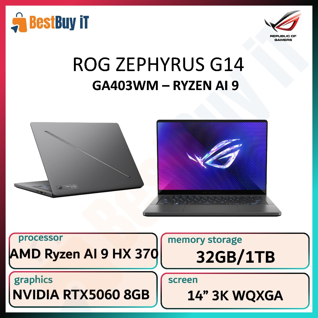 Asus ROG Zephyrus G14 GA403WM RYZEN AI 9-HX370 32GB 1TB SSD RTX5060 8GB 14.0 NEBULA OLED WQXGA+ 120HZ WIN 11 HOM + OH24 + M365