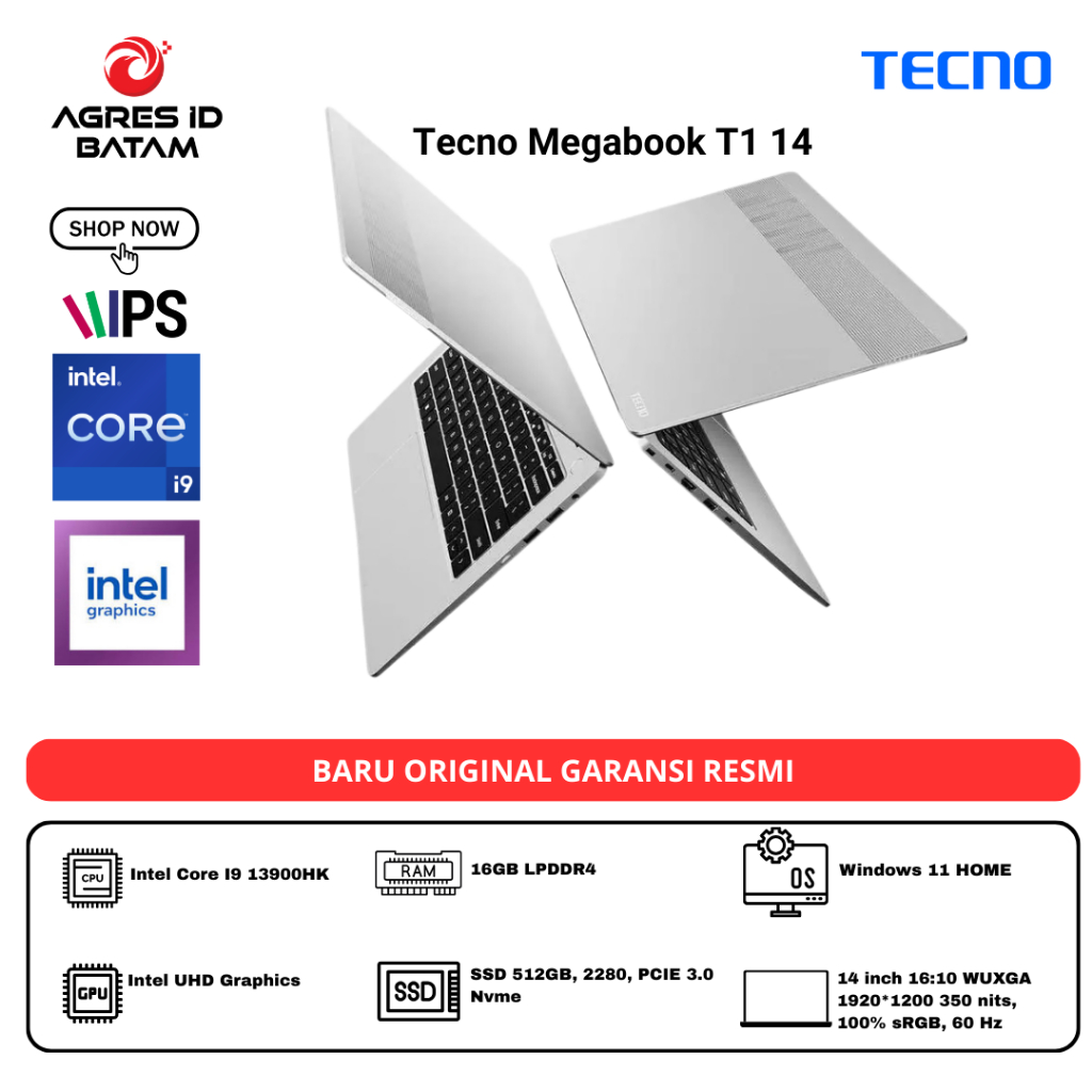 TECNO MEGABOOK T1 14 I9 13900HK 16GB 512GB W11 14.0WUXGA 100SRGB 75WH 2Y SILVER