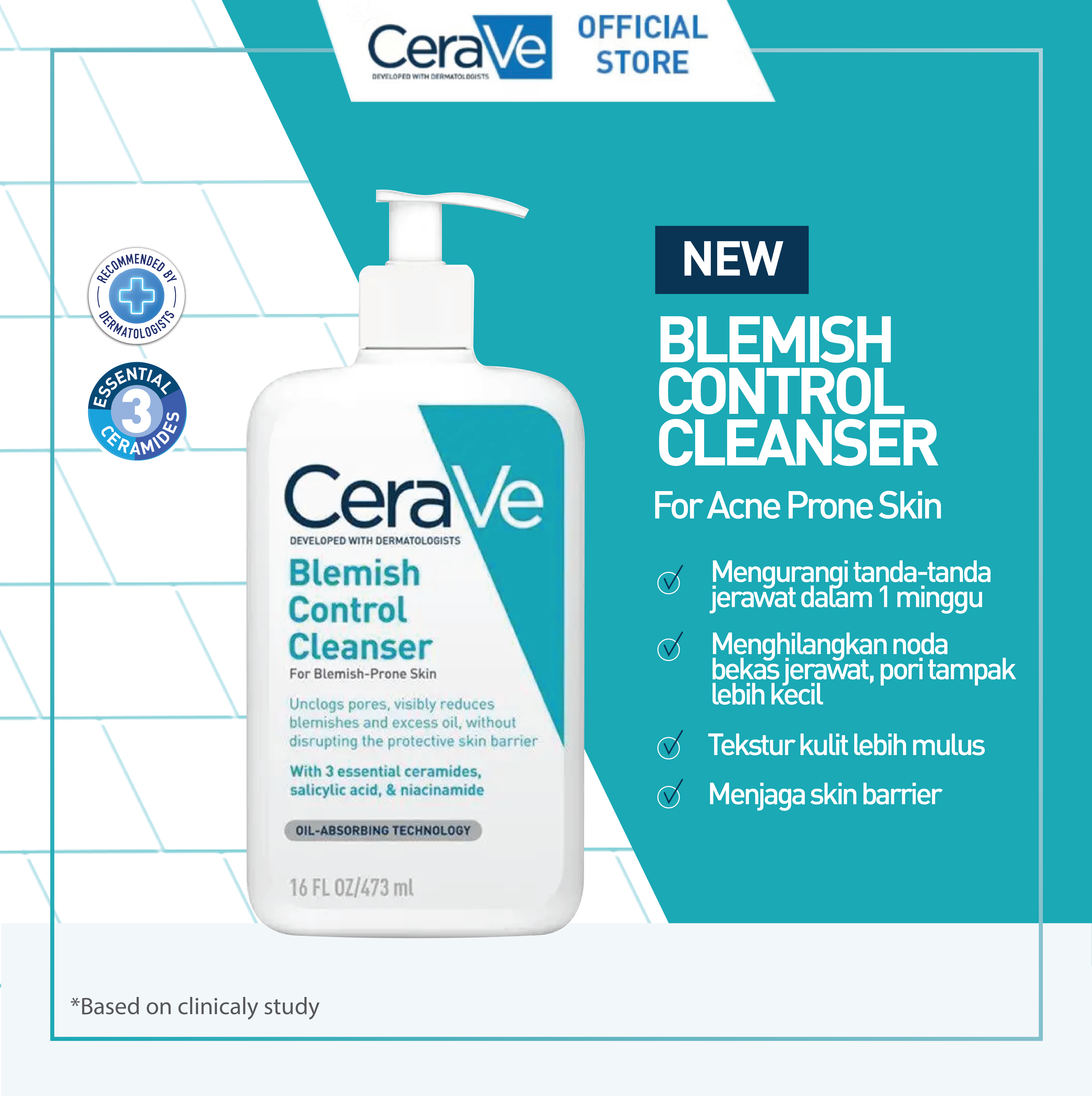 CeraVe Blemish Control Cleanser 473ml for Acne Prone Skin - Gentle Facial Wash untuk kulit kombinasi / berminyak / berjerawat. Kurangi jerawat, pori tampak lebih kecil, menjaga skin barrier dengan 2% Salicylic Acid