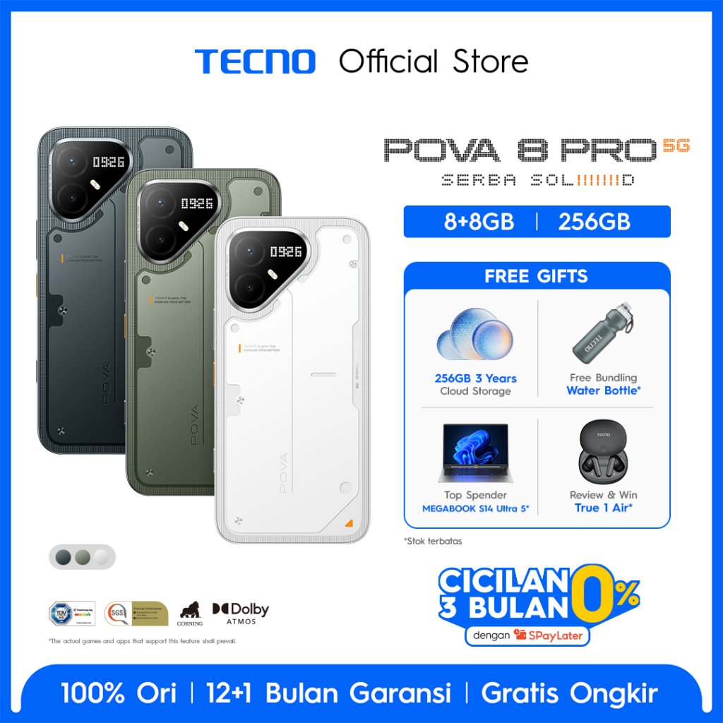 Jual TECNO POVA 8 PRO 5G 8+8GB*/256GB, Dual Gaming Chipset Mediatek D7400 Ultimate 5G + P1 Graphic Chip up to 144 FPS, 50MP Sony’s LYT 700C Main Camera with OIS, 8MP Ultra Wide, 1.5K 144Hz HyperLux AMOLED Display, IP69K, Android 16 - HiOS 16 - POVA8PRO |