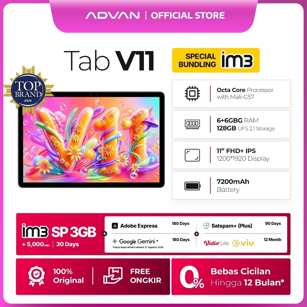 ADVAN V11 Tablet AI Gemini 11" FHD IPS | RAM 6+6GB ROM 128GB | Keyboard Detachable | 4G LTE Dual SIM | Baterai 7200mAh