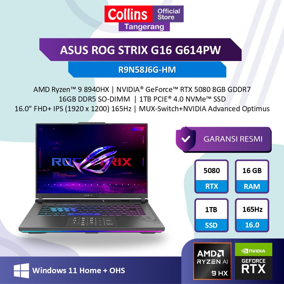ASUS ROG STRIX G16 G614PW RTX5080 8GB Ryzen 9-8940HX 16GB 1TB 16" WUXGA 165Hz W11+OHS