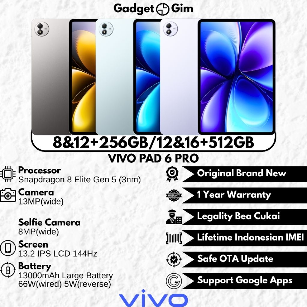 Jual Vivo Pad6 Pro / Vivo Pad 6 Pro Tablet 13.2 Inch 16GB 512GB Snapdragon 8 Elite Gen 5 144Hz 13000mAh 66W BNIB Bergaransi Original | Shopee Indonesia