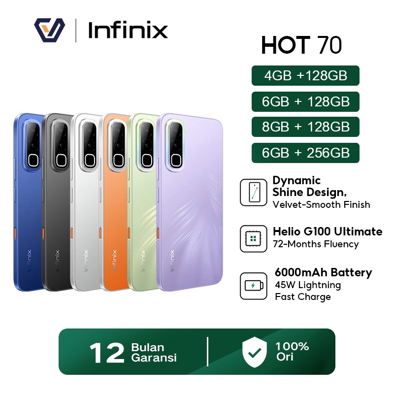 Official Infinix Hot 70 6+128GB/6+256GB/8+128GB - Up to 8GB Extended RAM - Helio G100 Ultimate - 6.78 inch 120Hz - 50MP - 6000 mAh - NFC