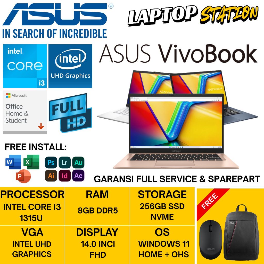 ASUS VIVOBOOK 14 A1404VA VIPS3824M INTEL I3 1315U 8GB 256GB 14.0 FHD IPS WIN11HOME + OHS + M365 BLUE
