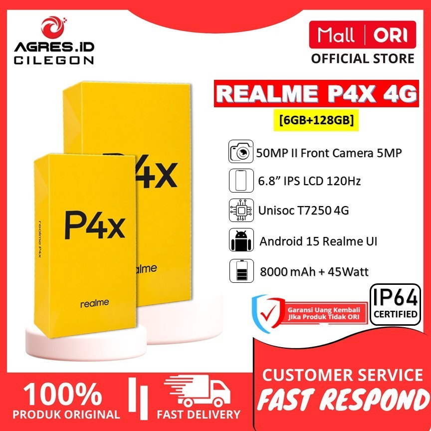 Jual Realme P4X 4G Ram [4GB+128GB] [4GB+256GB] [6GB+128GB] Unisoc T7250 4G II Layar 6.8" IPS LCD 120Hz II Baterai 8000mAh 45Watt II IP64 Tahan Percikan & Debu Garansi Resmi Realme Indonesia | Shopee Indonesia