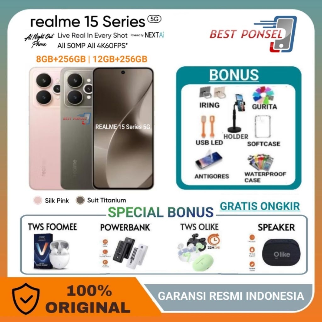 Jual Realme 15 5G Nfc 8/256GB | 12/256GB | Dimensity 7300+5G Chipset 50MP Sony Al Camera | 7000mAh 80W Garansi Resmi Indonesia | Shopee Indonesia