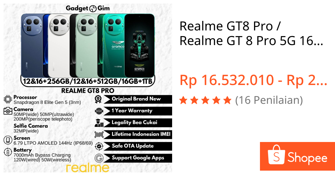 Jual Realme GT8 Pro / Realme GT 8 Pro 5G 16GB 1TB Snapdragon 8 Elite Gen 5 200MP 144Hz 7000mAh 120W IP68/69 BNIB Bergaransi Original | Shopee Indonesia