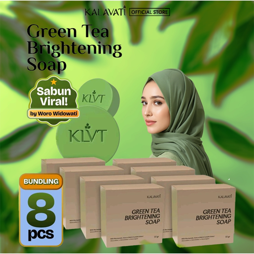 Kalavati (PAKET 8PCS) Sabun Pencerah Wajah Green Tea Brightening Soap 50g dengan Niacinamide & Salmon DNA untuk Kulit Cerah dan Bebas Hitam - Facial