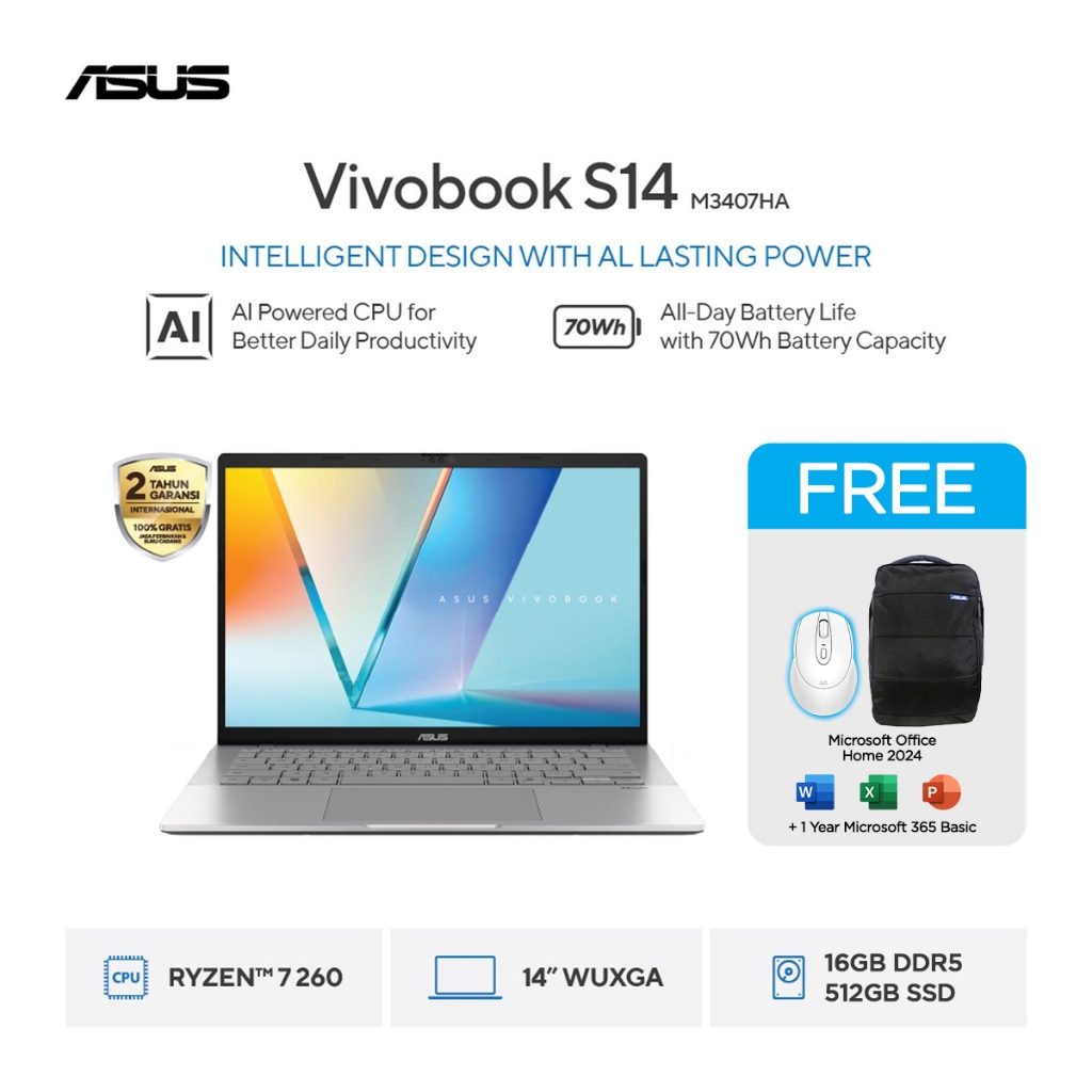 ASUS Vivobook S14 M3407HA Ryzen 7 260 512GB SSD 16GB WUXGA OLED Win11+OHS