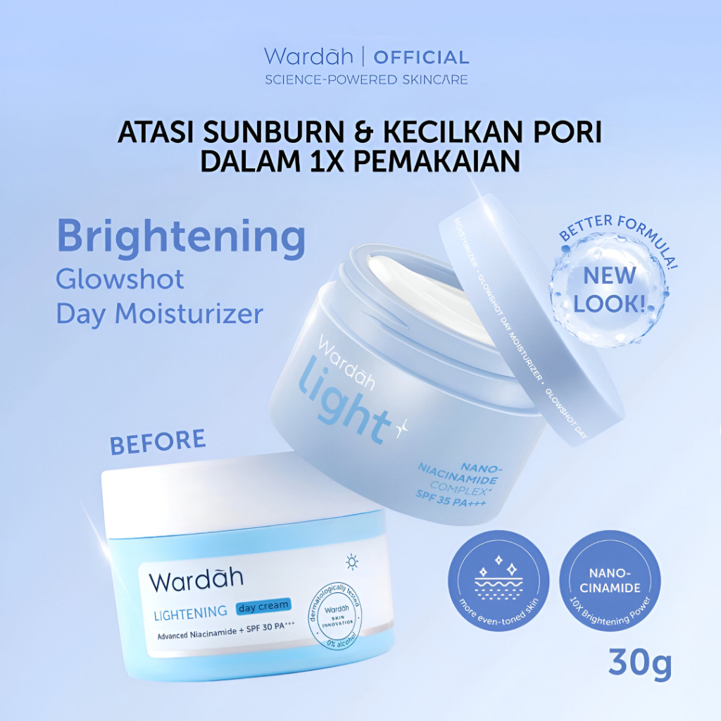 Wardah Light+ Glowshot Day Moisturizer 30g Pelembab Wajah Niacinamide Brightening Lightening Facial Cream BPOM