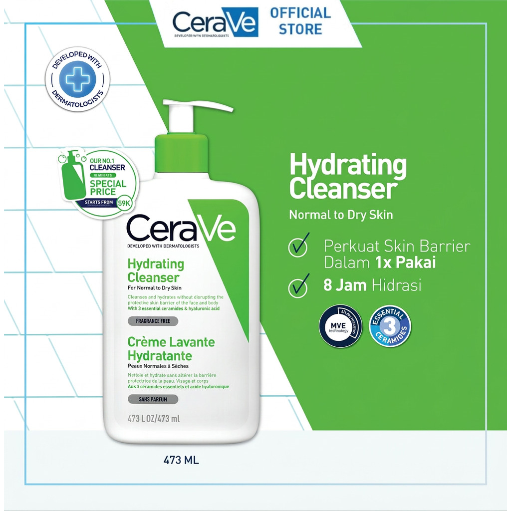CeraVe Hydrating Cleanser 473 ml - Gentle Face Wash with Ceramide for Normal to Dry Skin [Pembersih Wajah Untuk Kulit Kering]