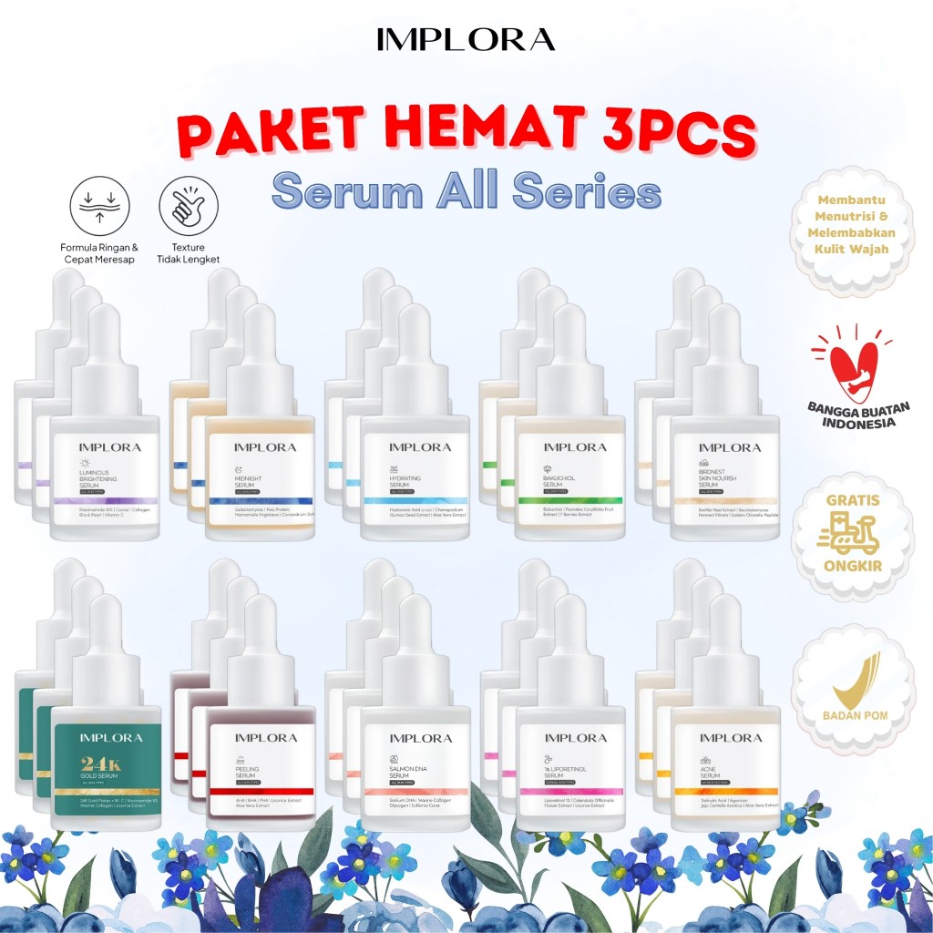[PAKET 3PCS] IMPLORA Face Serum 20ml - Acne | Brightening | Peeling | Midnight | 24K Gold | 1% Liporetinol | Bakuchiol | Hydrating | Salmon DNA | Birdnest