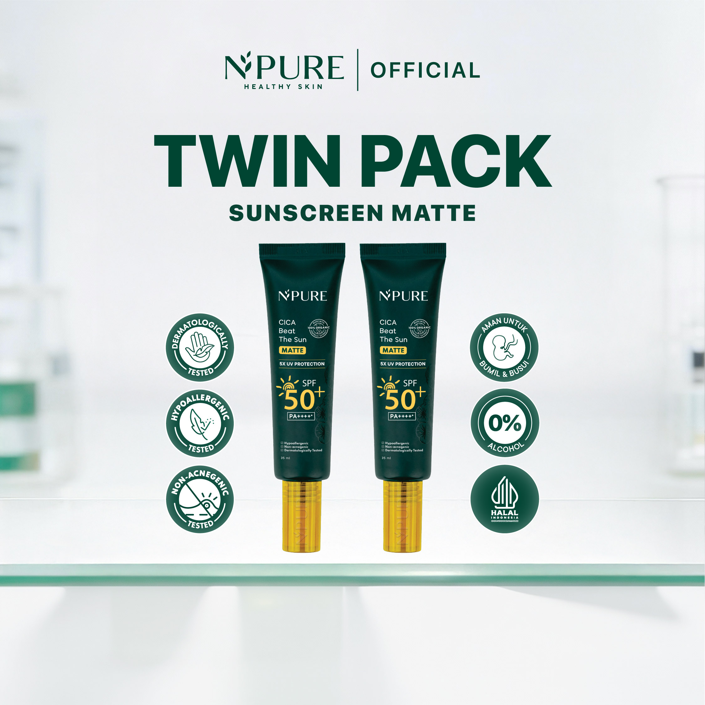 NPURE NPURE SUNSCREEN CICA BEAT THE SUN MATTE SPF 50+ PA++++/ SUNSCREEN JERAWAT / SUNSCREEN HYPOALLERGENIC Acid Extract Beruntusan Hydrating Mencerahkan Wajah