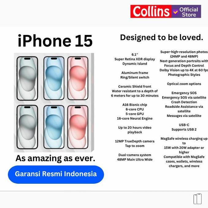 [COLLINS] APPLE iPhone 15 128GB 256GB 512GB A16 Bionic CPU 6C / GPU 5C Garansi Resmi Apple Indonesia