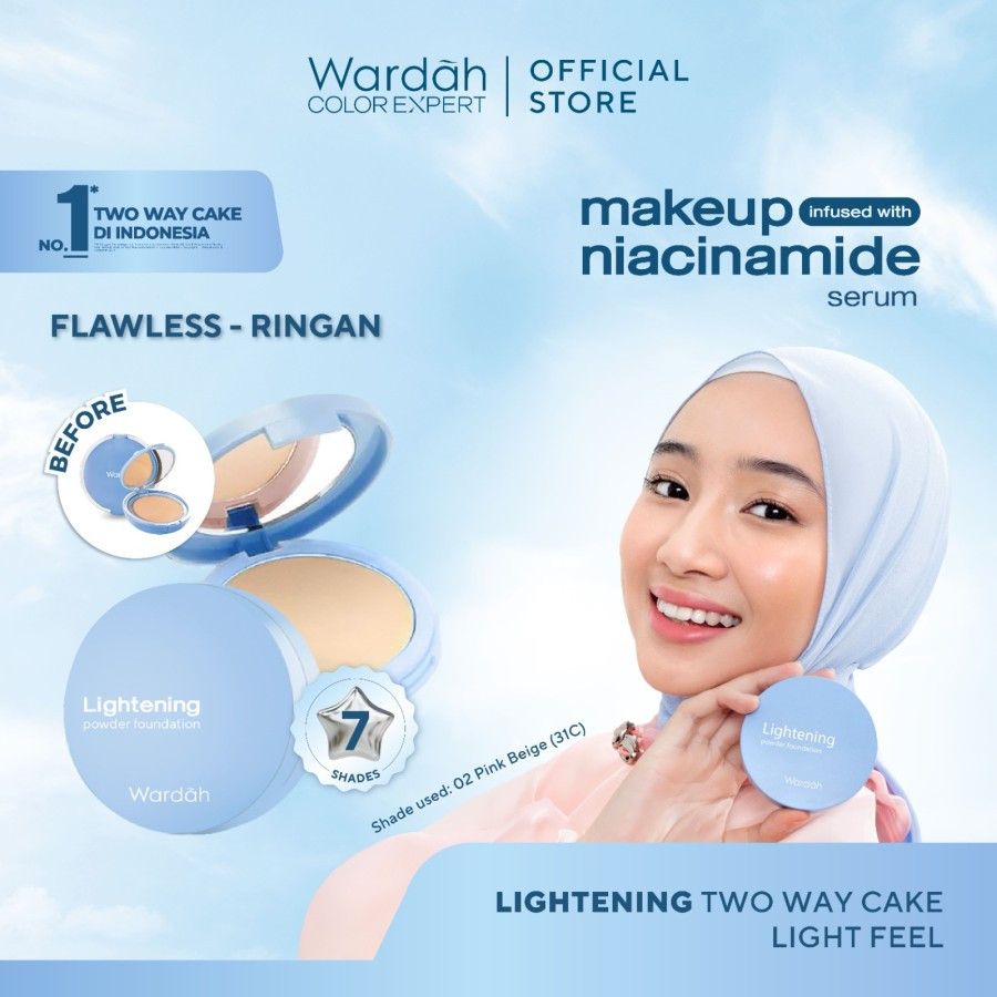 Wardah Lightening Powder Foundation Light Feel 12 g - Two Way Cake - TWC Light Feel - Bedak Padat Medium to High Coverage dengan SPF 40 PA++++ & Serum Niacinamide Untuk Hasil Makeup Flawless dan Cerah