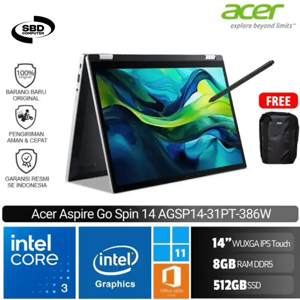 Jual ACER Aspire Go Spin 14 AGSP14 31PT 386W Core 3 N355/8GB/512GB SSD/14 WUXGA Touch/W11 | Shopee Indonesia
