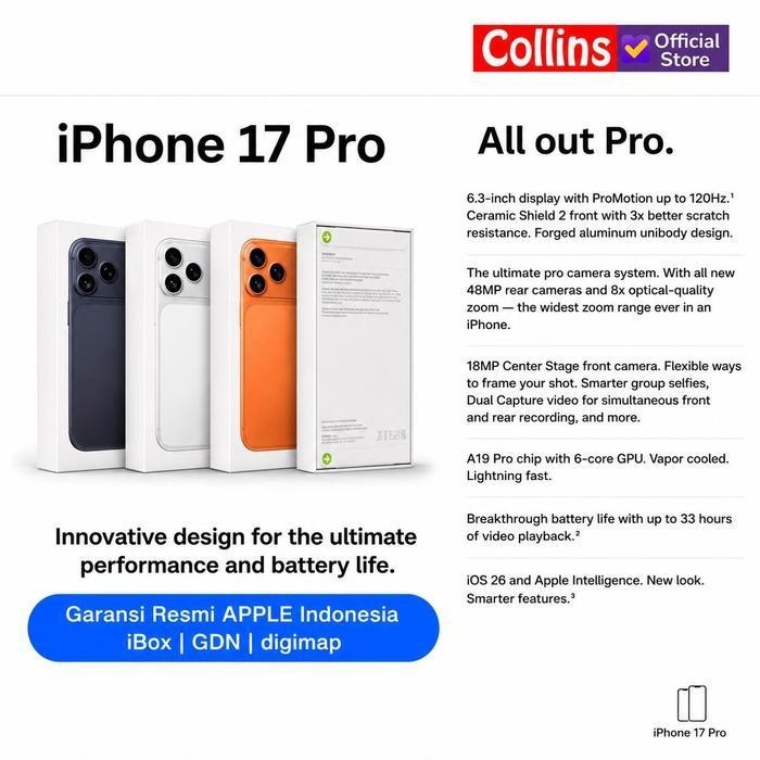 [Co] Apple Iphone 17 Pro 256Gb 512Gb 1Tb A19 Pro 6.3" Oled 120Hz Resmi Ibox Gdn Digimap Original Dan Terpercaya