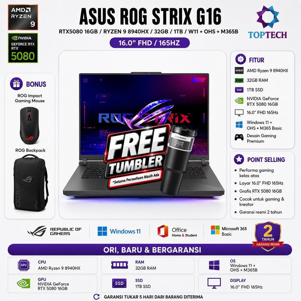 ASUS ROG STRIX G16 G614PW RTX5080 16GB RYZEN 9 8940HX 32GB 1TB SSD W11+OHS+M365B 16.0FHD 165HZ
