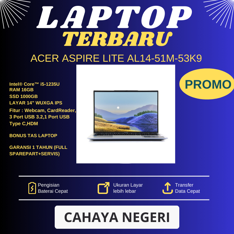PROMO LAPTOP Acer Aspire Lite AL14-51M-53K9 Intel i5 RAM 16GB SSD 1000GB LAYAR 14" WUXGA IPS + TAS