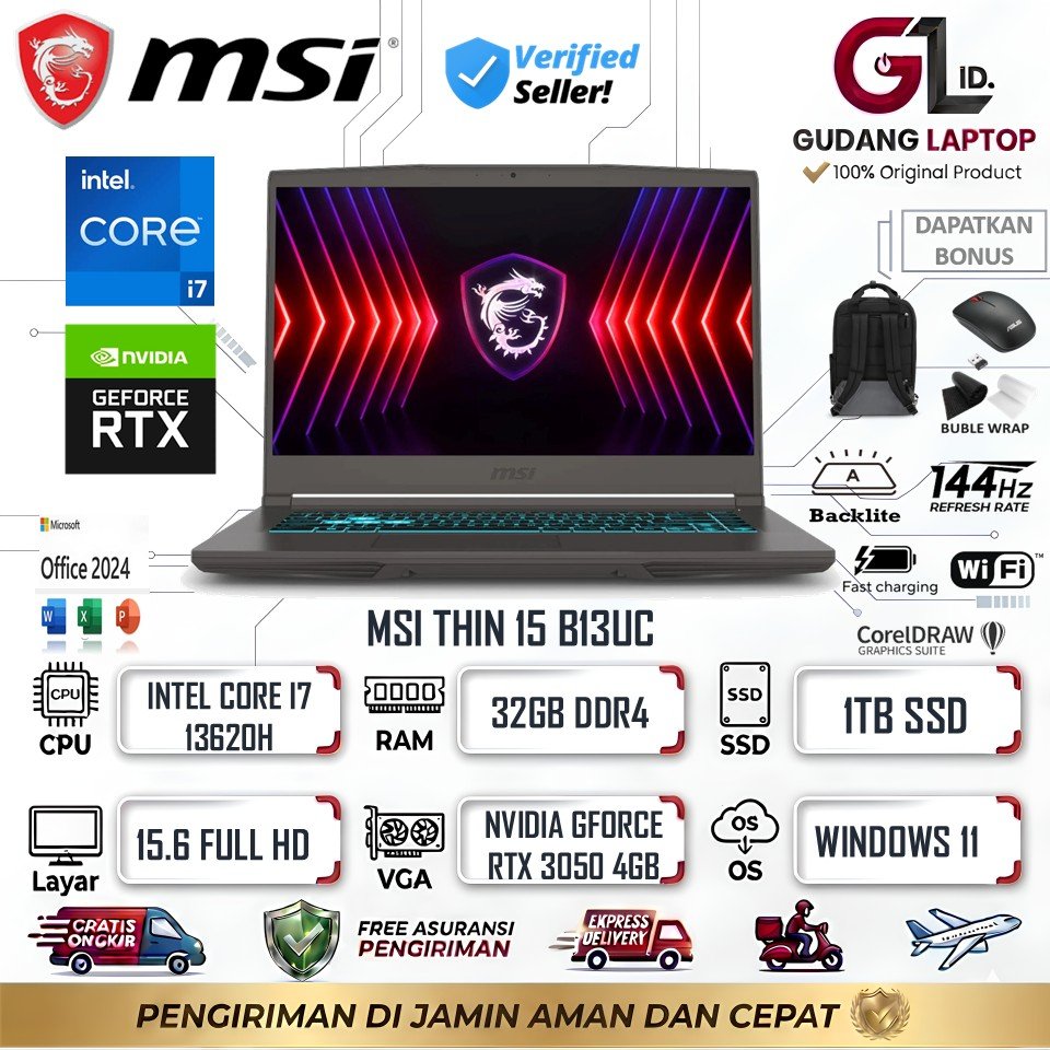 Laptop MSI Thin 15 B13UC Intel Core I7 13620H 32GB 1TB RTX 3050 15 Inch Full Hd 144Hz