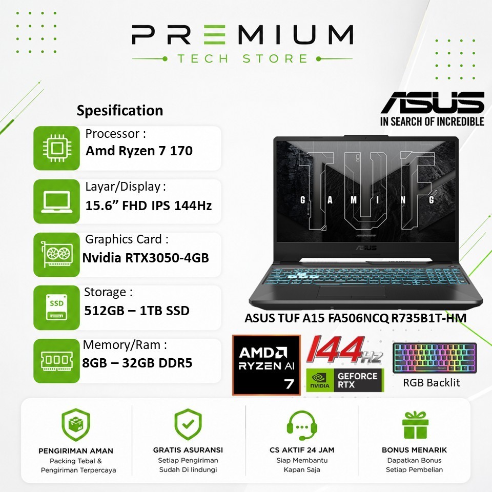 Asus TUF Gaming A15 FA506NCQ-R735B1T-HM AMD Ryzen 7 170 RTX3050 32GB 1TB SSD Full HD IPS 144Hz Win11