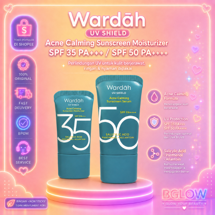 Wardah UV Shield Acne Calming Sunscreen Moisturizer SPF 35 PA+++ / SPF 50 PA+++ l Sunscreen Skin Buddy Sunscreen Pelindung dari Sinar Matahari + UV tekstur yang ringan SUN PROTECTION COCOK UNTUK KULIT BERJERAWAT