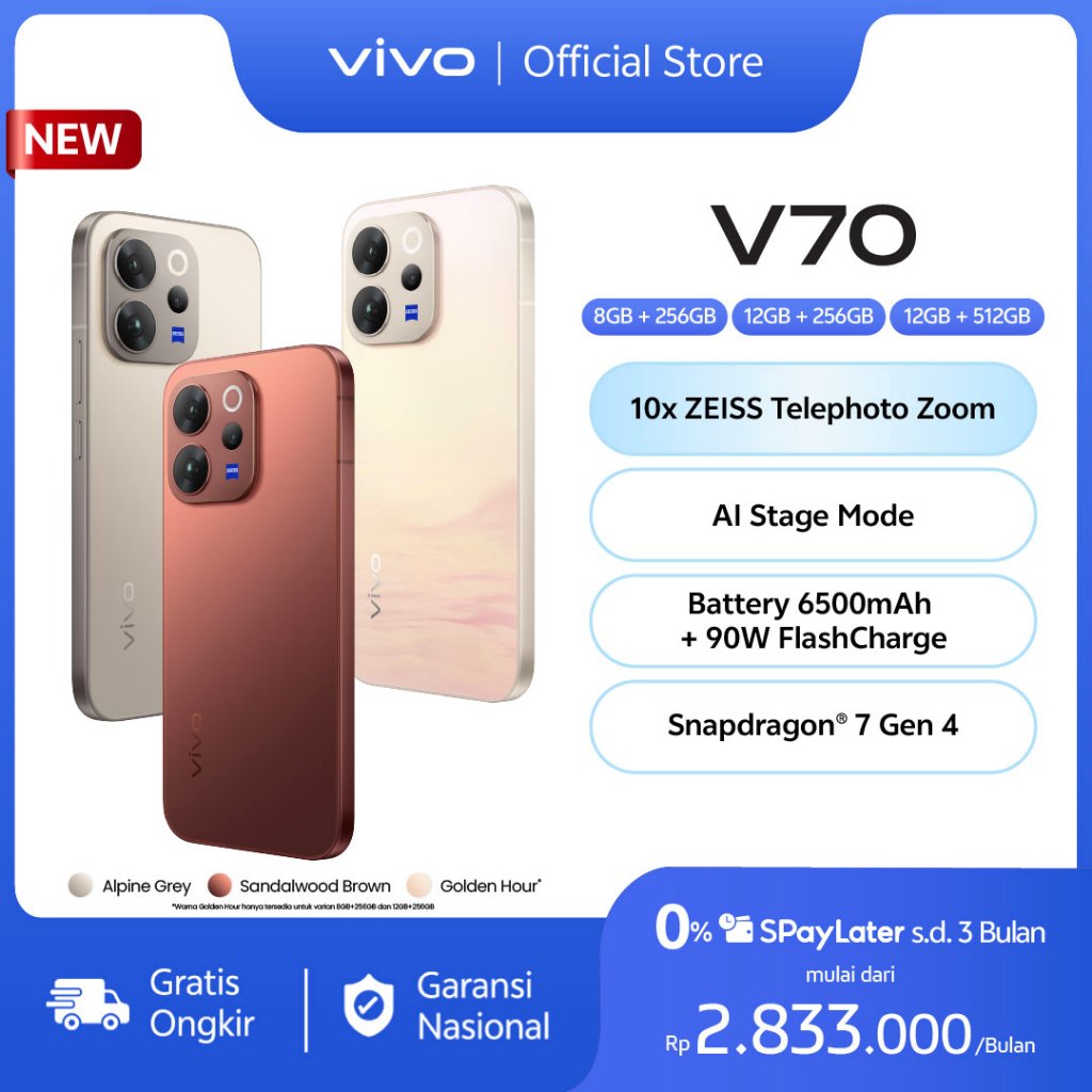 [NEW LAUNCH] vivo V70 5G 10x Telephoto Zoom, AI Stage Mode, 4K 60 fps Video Recording, AI Travel Portrait, OriginOS 6.0