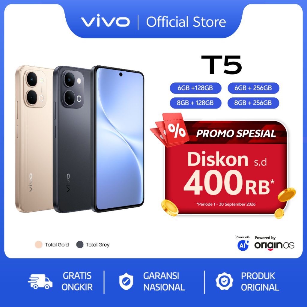 [ONLINE EXCLUSIVE] vivo T5 - 7200 mAh + 44W FlashCharge, 32MP Front Camera, Origin OS + vivo AI, IP68/69/69+
