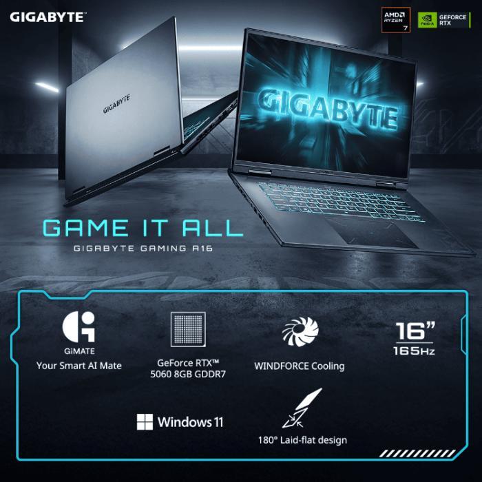 GIGABYTE GAMING A16 3VH AMD RYZEN 7 260 RTX 5060 8GB RAM 16GB 512SSD WQXGA 165Hz - 16GB/1TB, Standard