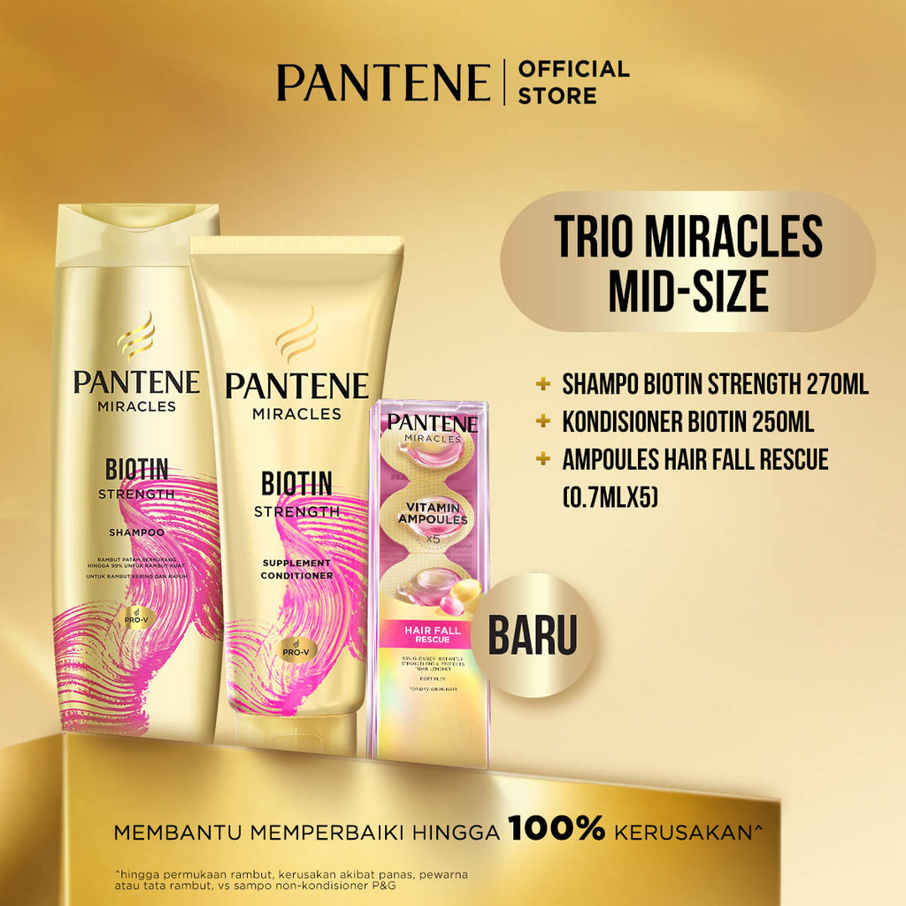 [BUNDLE AMPOULES] PANTENE Shampo Miracles Biotin 270ml + Kondisioner Biotin 250ml + Ampoules Hair Fall Rescue (0.7mlx5) | Menutrisi dan menjaga kekuatan ikatan rambut dari patah