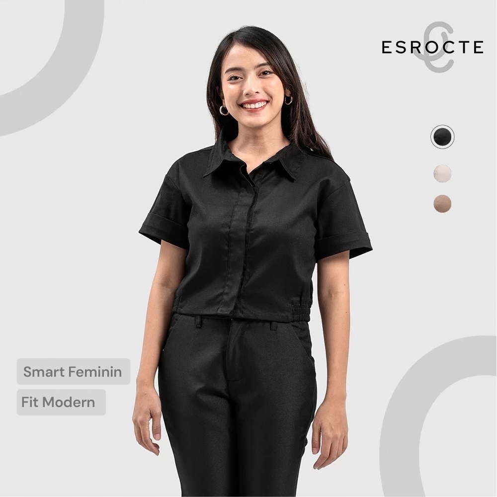 Jual ESROCTE Belle Top | Kemeja Katun Twill Slim Fit Semi Crop Lengan Pendek With Rubber Wanita – S-XL | Shopee Indonesia