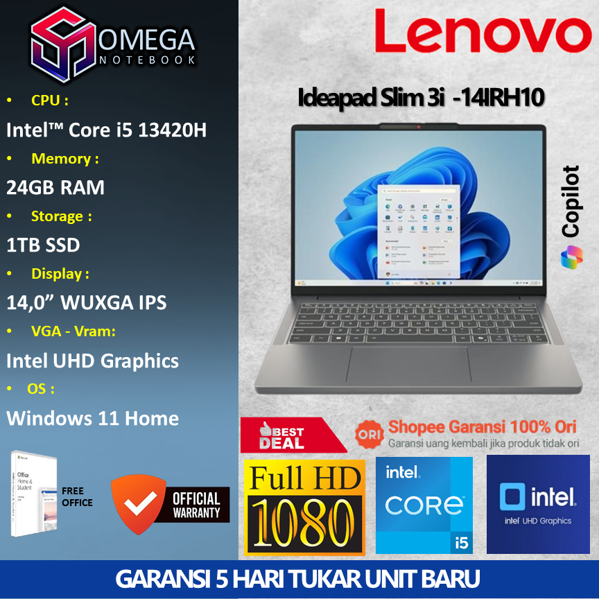 Lenovo Ideapad Slim 3i 14IRH10 i5 13420H 24GB 1TB HD 14,0 WUXGA Windows 11 + Office