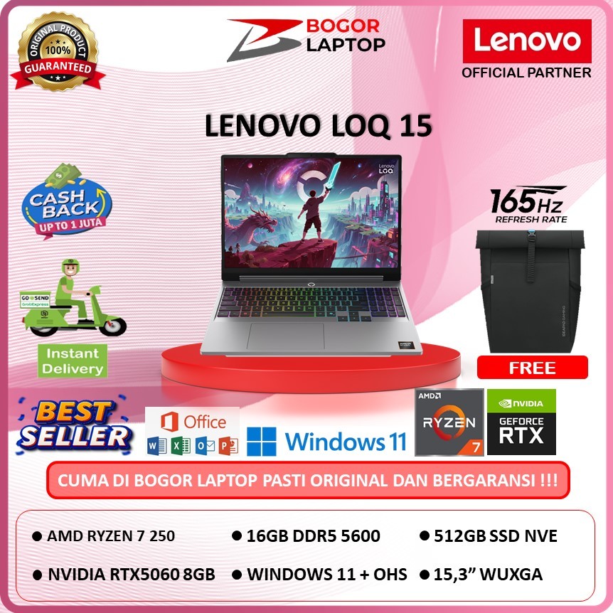 Laptop LENOVO LOQ 15 | RYZEN 7 250 | RTX5060 8GB | 16GB 512GB | WINDOWS 11 | RESMI ORIGINAL