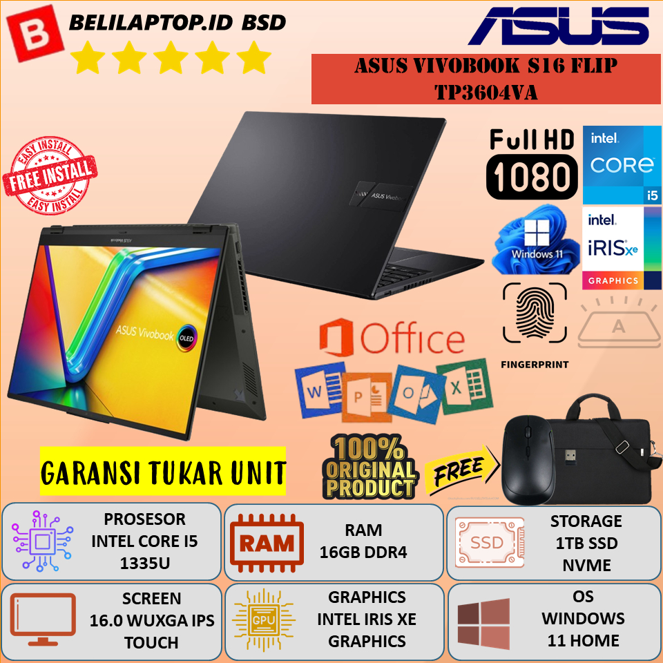 Laptop Touchscreen Asus Vivobook S16 Flip TP3604FA Intel i5 1335U Ram 16GB 1TB SSD 16'' WUXGA IPS Windows 11 Original