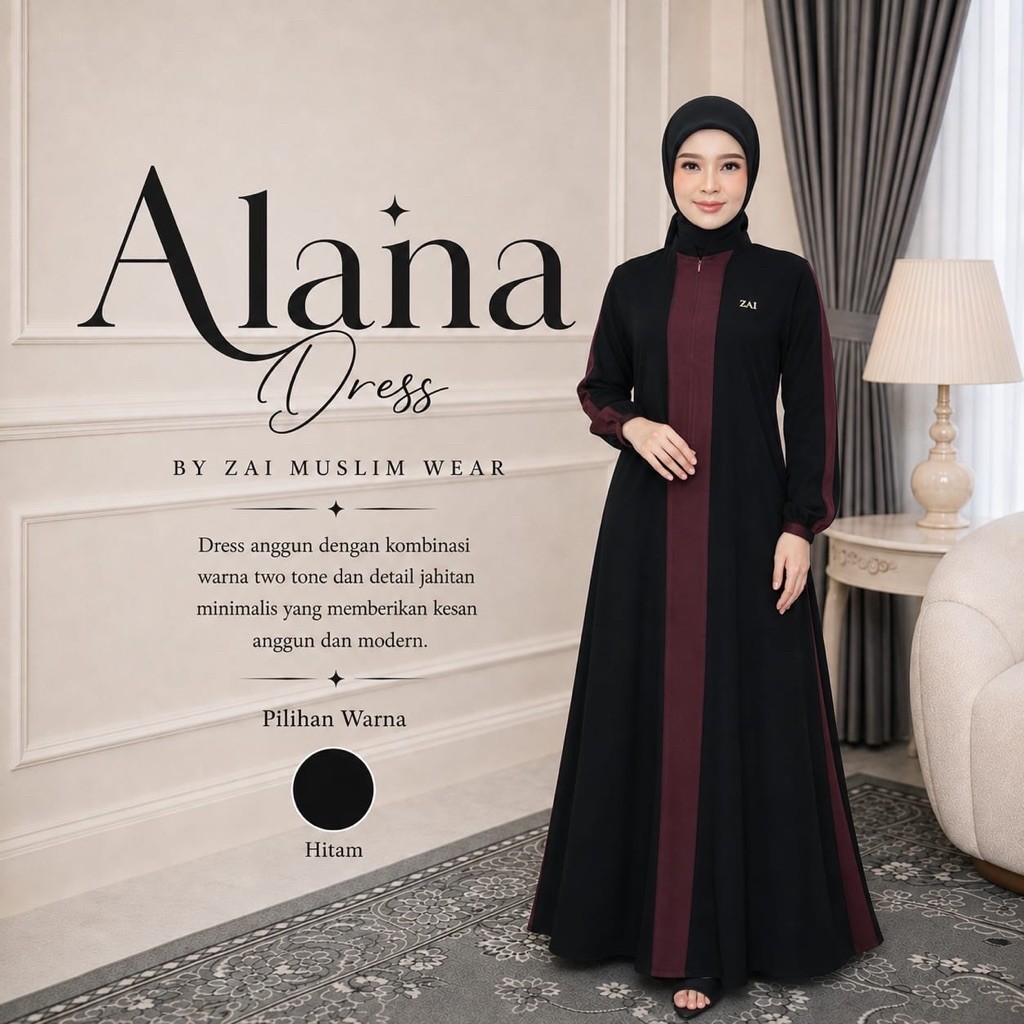 Zai Muslim Wear - Alana Dress (Gamis Simple Elegan Bahan Jetblack Premium)